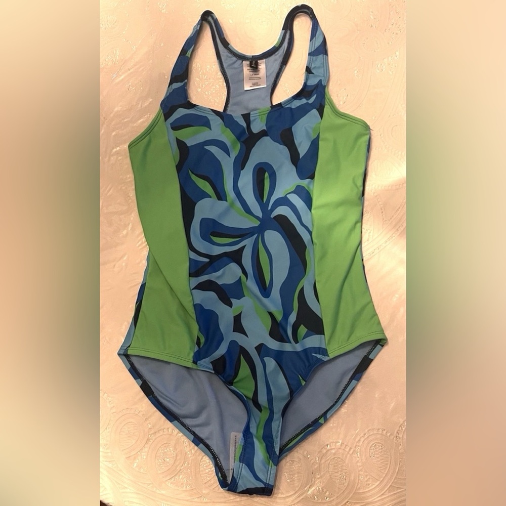 SPYDER ONE PIECE GIRLS SIZE L  12-14 BLUE & GREEN RACERBACK SWIMSUIT NEW NWOT